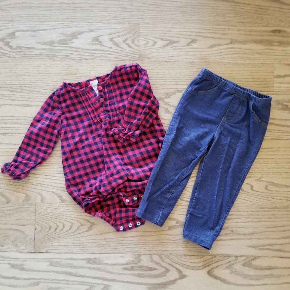 OshKosh B'gosh 18M Red Plaid One Piece and Carter's Denim Leggings EUC Holidays